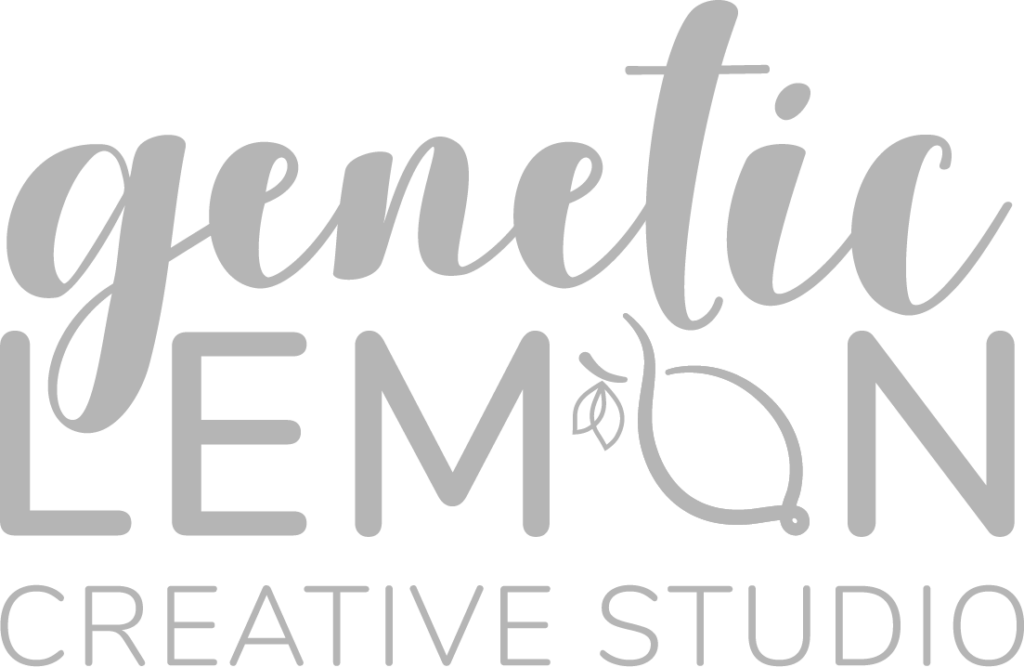 Graphic of Genetic Lemon Creative Studio Logo which shows the word "genetic" in a scripted teal font above a the word "lemon" in gray sans serif, and the words "Creative Studio" aligned below those words in the same gray sans serif font. The "O" in Lemon is a yellow lemon that has a twist at the top mimicking a DNA helix, and has 2 small green leaves on the left side.